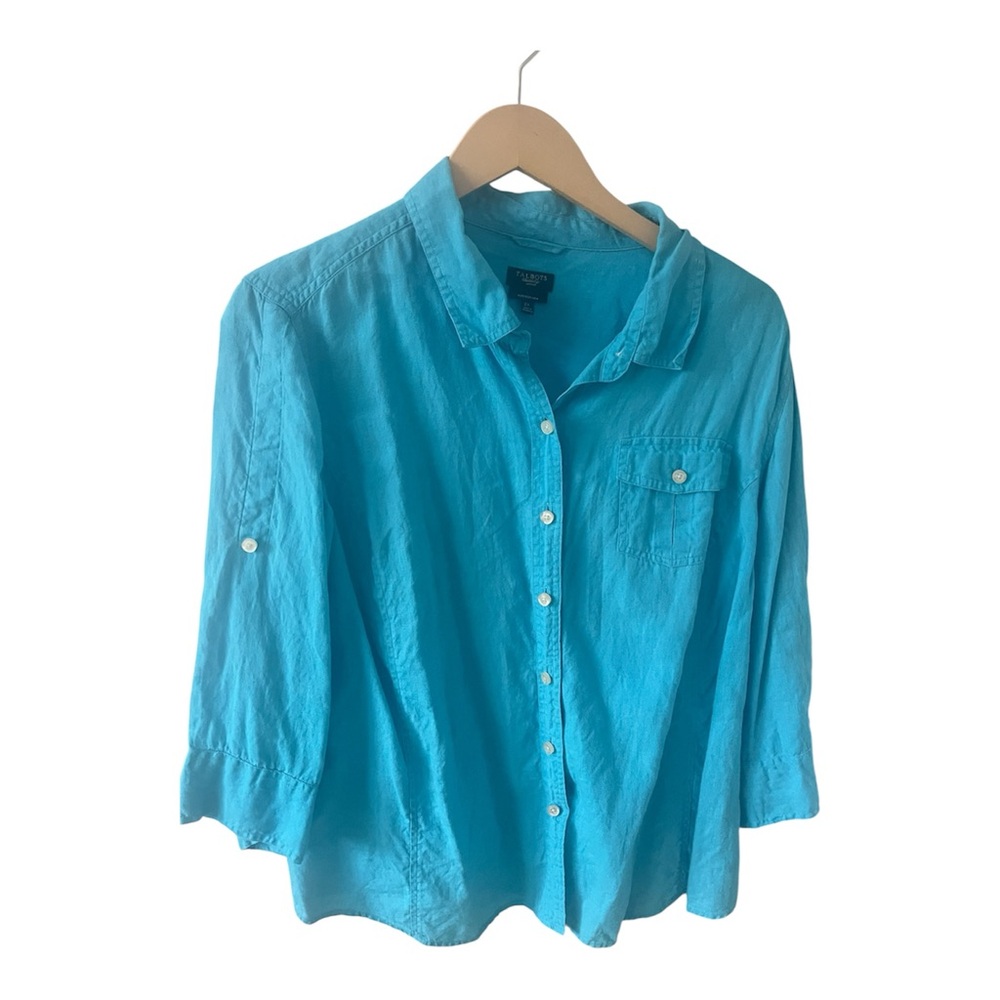 Talbots Shirt Womens 2X Teal 100% Linen Button Down Roll Tab 3/4 Sleeve Plus
